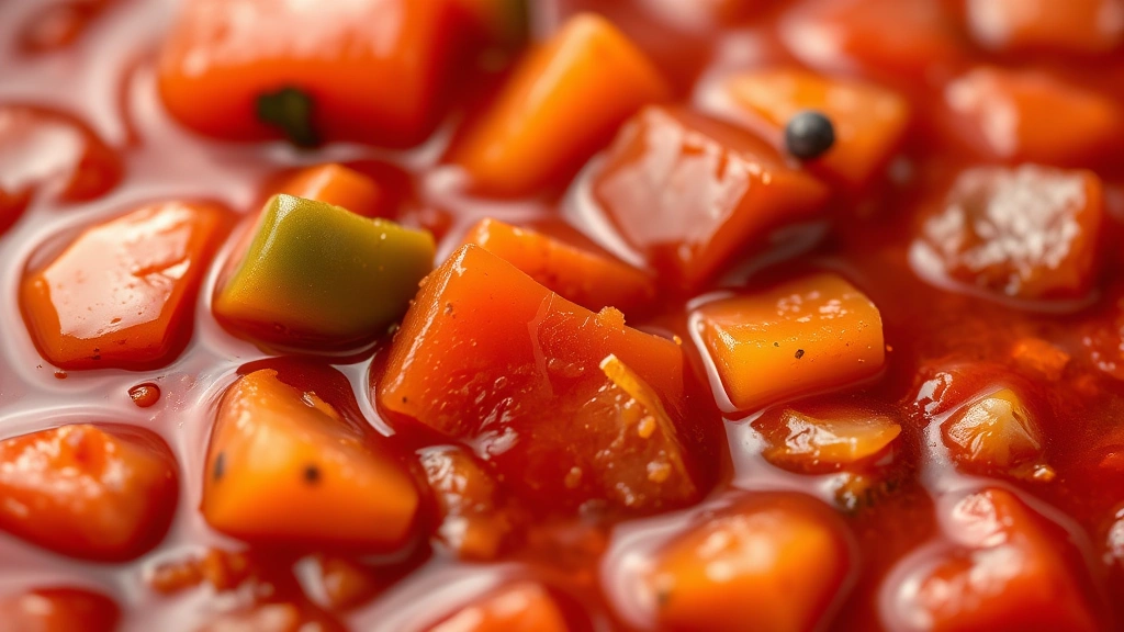 Close-up macro photography of salsa texture showing distinct tomato chunks and pepper pieces suspended in rich red sauce, individual ingredients clearly visible, shallow depth of field highlighting chunky consistency, professional food styling with warm studio lighting