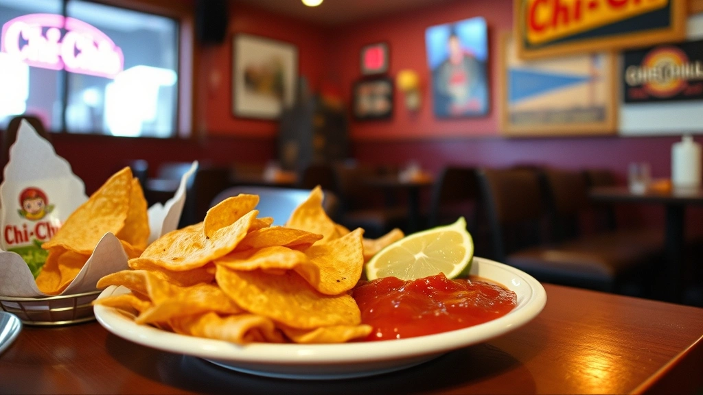 Nostalgic scene of vintage Chi-Chi's tortilla chips and red salsa served on traditional restaurant-style white plate with lime wedge, recreating 1980s dining experience, warm ambient lighting suggesting casual restaurant atmosphere, no text or signage visible