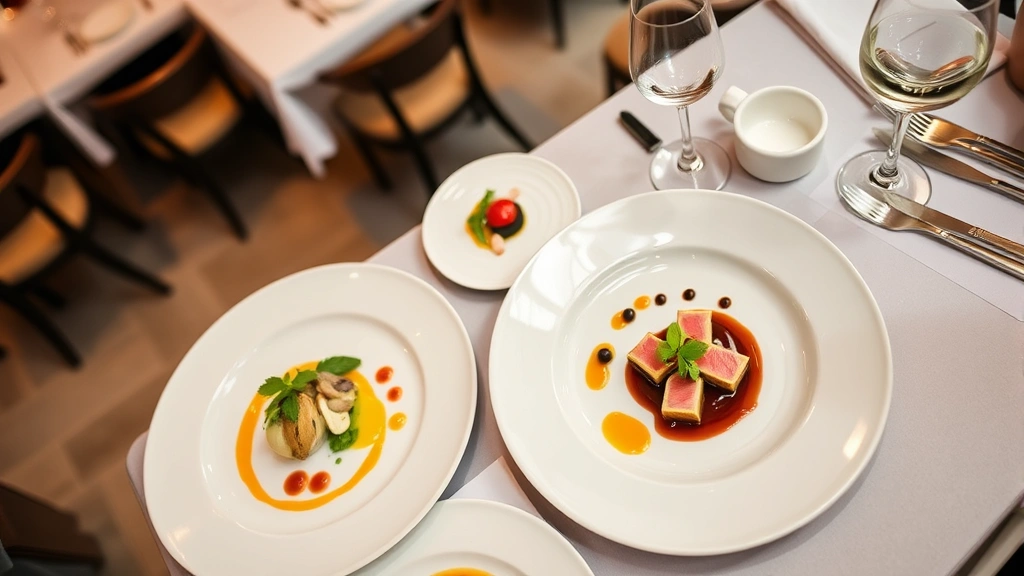 Overhead shot of an elegantly plated three-course fine dining tasting menu progression, featuring delicate sauces, garnishes, and seasonal ingredients arranged on white ceramic plates, restaurant ambiance in soft focus background