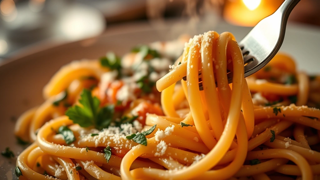 Close-up of a beautifully executed pasta dish with silky sauce, fresh herbs, and grated cheese, steam rising slightly, fork twirled with pasta, warm restaurant lighting creating depth of field