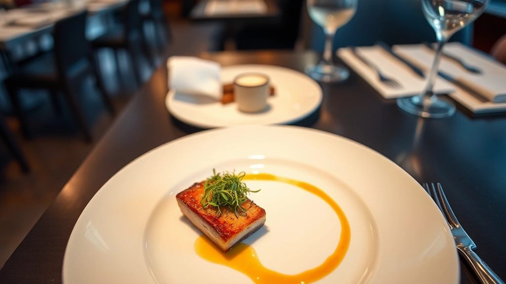 Overhead shot of an elegantly plated fine-dining course featuring seared protein, microgreens, and artistic sauce swoosh on white plate, warm restaurant lighting, shallow depth of field