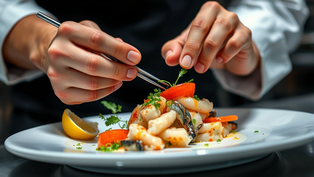 Close-up of chef's hands expertly garnishing a vibrant seafood dish with tweezers, fresh herbs and citrus components visible, professional kitchen background slightly blurred