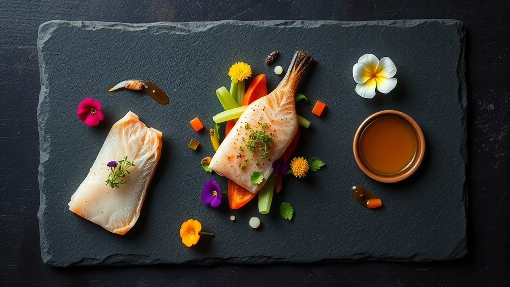 Flat lay arrangement of multiple small tasting course components: delicate fish preparation, colorful vegetable elements, edible flowers, and reduction sauce on slate, natural light