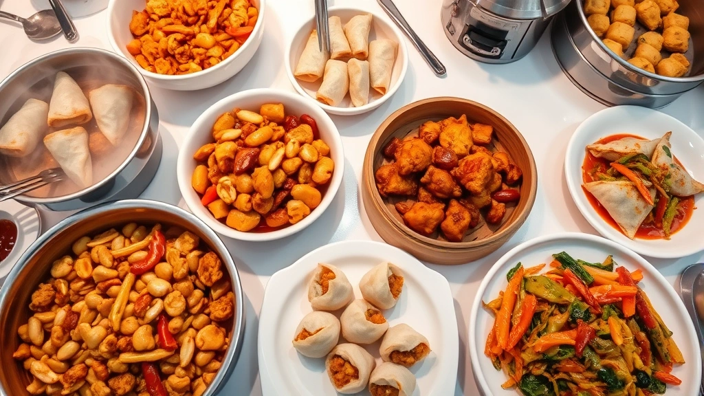 Overhead shot of a vibrant Chinese buffet spread featuring steaming bowls of Kung Pao Chicken with visible peanuts and chilies, golden-brown General Tso's chicken glistening under warm lighting, fresh spring rolls with crispy golden exteriors, delicate steamed dumplings on bamboo steamers, and colorful stir-fried vegetables with glossy sauce, all arranged on a clean white buffet counter with proper serving utensils and warming equipment visible in background