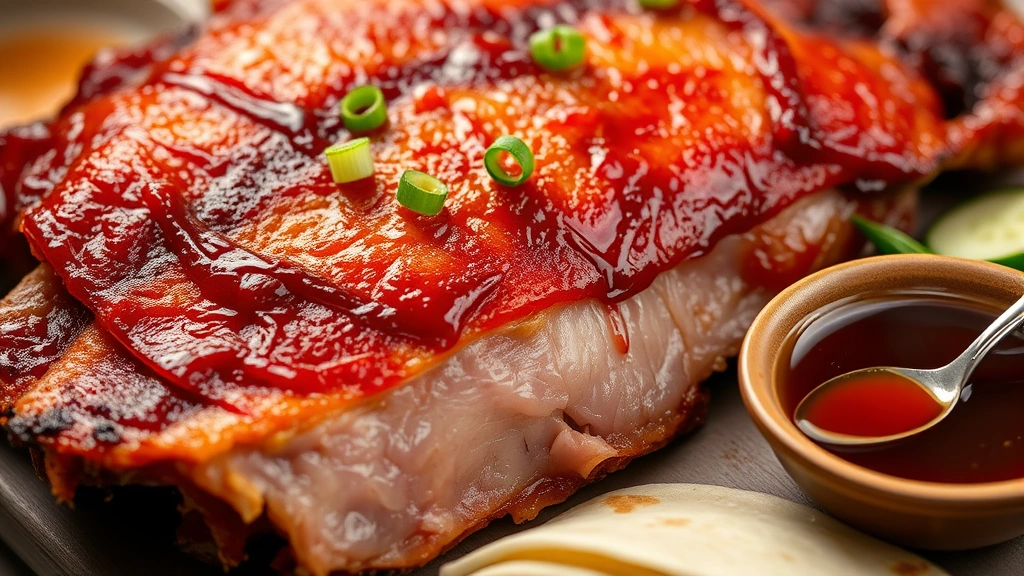 Close-up macro photography of authentic Peking Duck showing impossibly crispy, golden-brown skin with visible texture and sheen, served with warm steamed pancakes stacked neatly beside it, fresh cucumber and scallion garnishes, and a small ceramic bowl of glossy hoisin sauce with a spoon, photographed under warm overhead lighting to emphasize the contrast between the crispy skin and succulent meat layers beneath