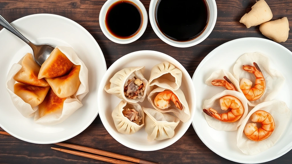 Artistic flat-lay composition of traditional Chinese dumpling varieties including Shanghai soup dumplings with delicate translucent wrappers showing the savory filling within, shumai with open tops revealing pork and shrimp filling, and steamed har gow with visible shrimp silhouettes through thin wrappers, arranged on white ceramic plates with small ceramic spoons, soy sauce in a traditional small dish, and fresh ginger slices, photographed with soft natural lighting to showcase wrapper delicacy and filling quality