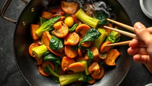 Overhead view of sizzling wok with glistening stir-fried vegetables and protein, steam rising, vibrant colors of bok choy and shiitake mushrooms catching light, chef's hand with chopsticks visible