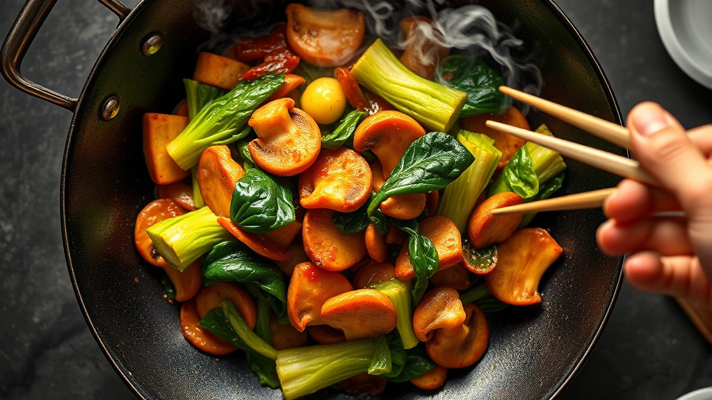 Overhead view of sizzling wok with glistening stir-fried vegetables and protein, steam rising, vibrant colors of bok choy and shiitake mushrooms catching light, chef's hand with chopsticks visible