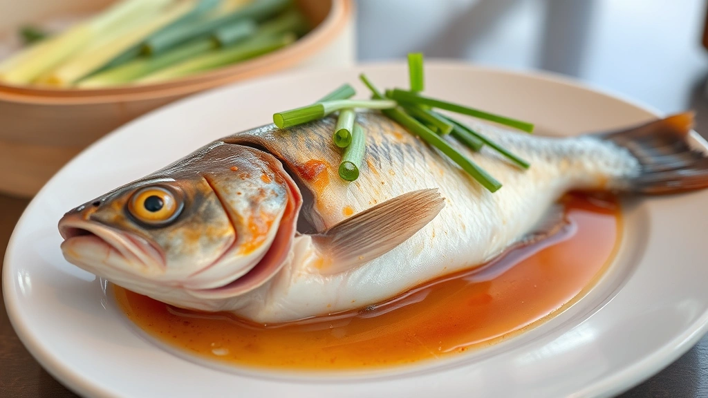 Whole steamed fish on white porcelain plate garnished with fresh scallions, ginger slivers, and glistening sauce, delicate presentation with bamboo steamer basket blurred in background