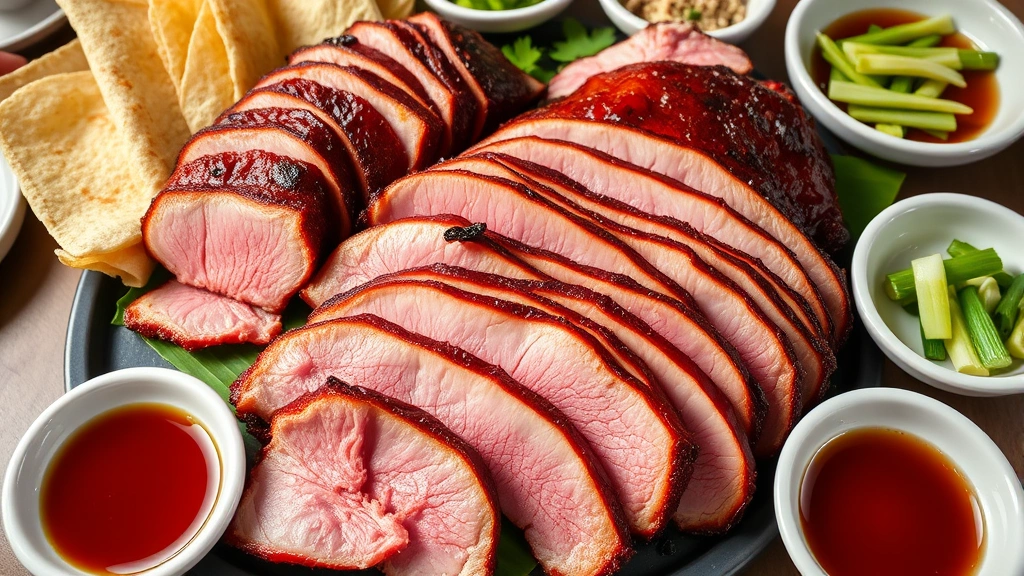 Peking duck sliced paper-thin displaying crispy mahogany skin and tender pink meat, arranged artfully on serving platter with accompanying crepes, hoisin sauce, cucumber and scallion strips in small dishes