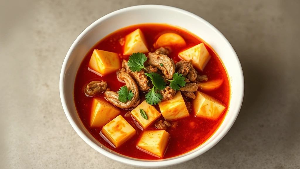 Overhead shot of vibrant Szechuan mapo tofu in crimson oil with silken tofu cubes, ground pork, and fresh cilantro garnish, served in traditional white ceramic bowl, steam rising, isolated on neutral background, professional food photography, shallow depth of field, warm lighting highlighting the glossy sauce