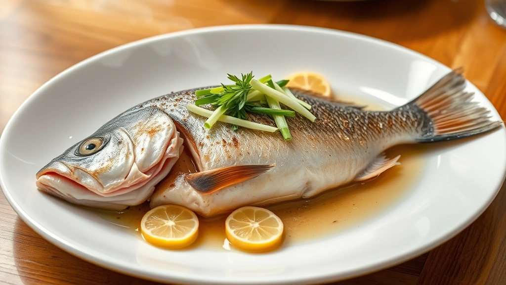 Whole steamed sea bass on white plate with ginger slices and pale green scallions arranged artfully, fresh herbs visible, delicate steam wisping from the fish, wooden table surface, warm ambient lighting, professional culinary styling, close-up food photography emphasizing texture and freshness