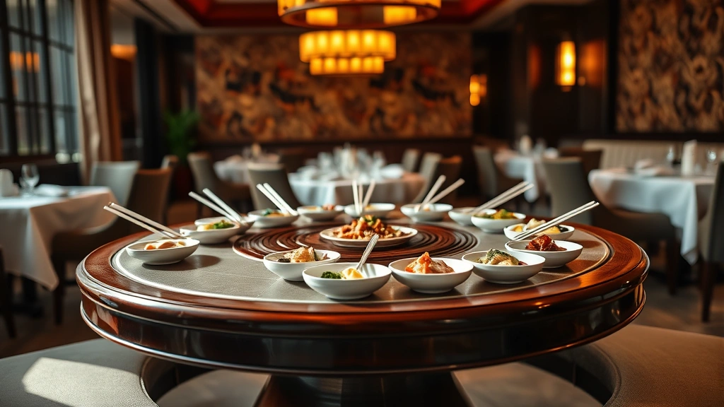 Elegant table setting at upscale restaurant showing round table with lazy susan, multiple small white ceramic dishes with colorful prepared foods, chopsticks resting on porcelain holders, warm amber lighting from overhead chandeliers creating soft shadows, silk tapestries blurred in background, convivial dining atmosphere, professional restaurant photography