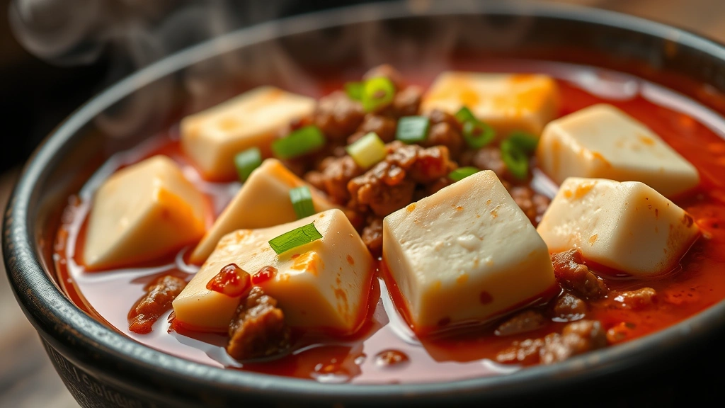 Close-up of steaming Mapo Tofu with silken tofu cubes in red chili oil sauce with ground pork and Sichuan peppercorns, garnished with scallions, in traditional Chinese serving bowl, professional food photography lighting, shallow depth of field