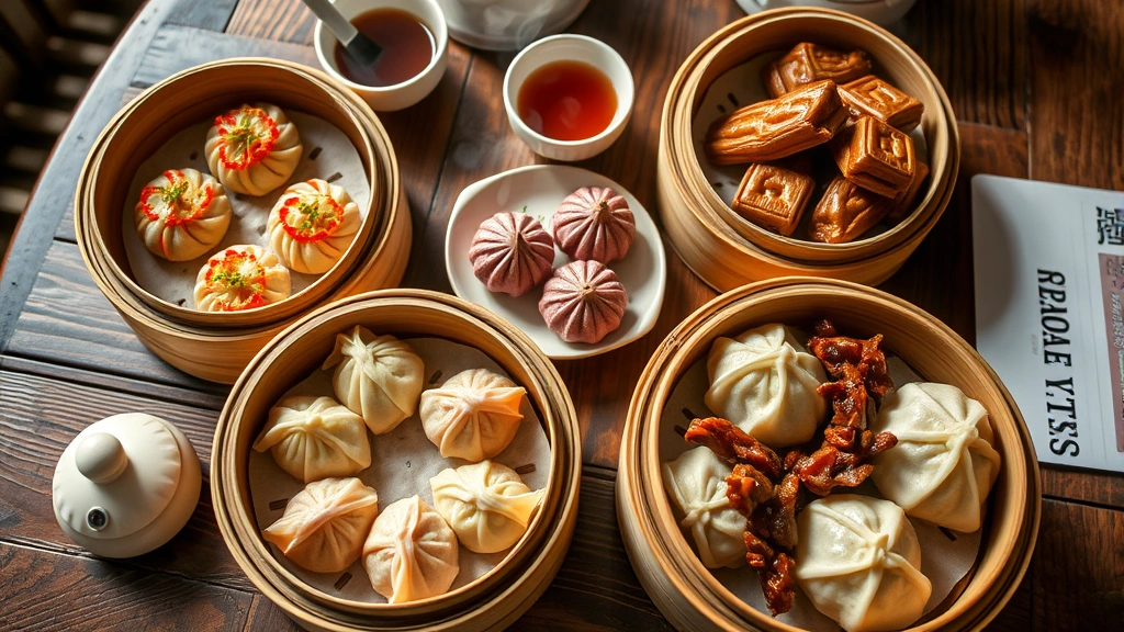 Overhead shot of dim sum selection including har gow shrimp dumplings, siu mai pork dumplings, and char siu bao on bamboo steamer baskets, steam rising, traditional teacups with jasmine tea in background, warm natural lighting, rustic wooden table
