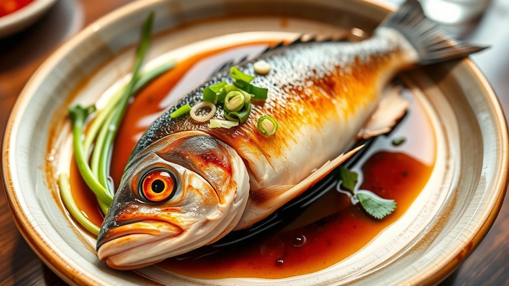 Artistic plating of whole steamed fish with ginger, scallions, and soy sauce reduction, fresh herbs garnish, ceramic serving plate, restaurant-quality presentation, professional culinary photography, vibrant colors, shallow focus on fish flesh detail