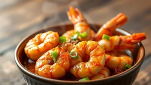Golden-brown crispy shrimp glistening with chili garlic sauce in ceramic serving bowl, fresh scallions and sesame seeds scattered across, steam rising, professional food photography with shallow depth of field