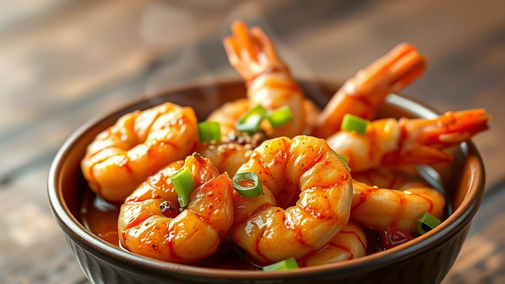 Golden-brown crispy shrimp glistening with chili garlic sauce in ceramic serving bowl, fresh scallions and sesame seeds scattered across, steam rising, professional food photography with shallow depth of field