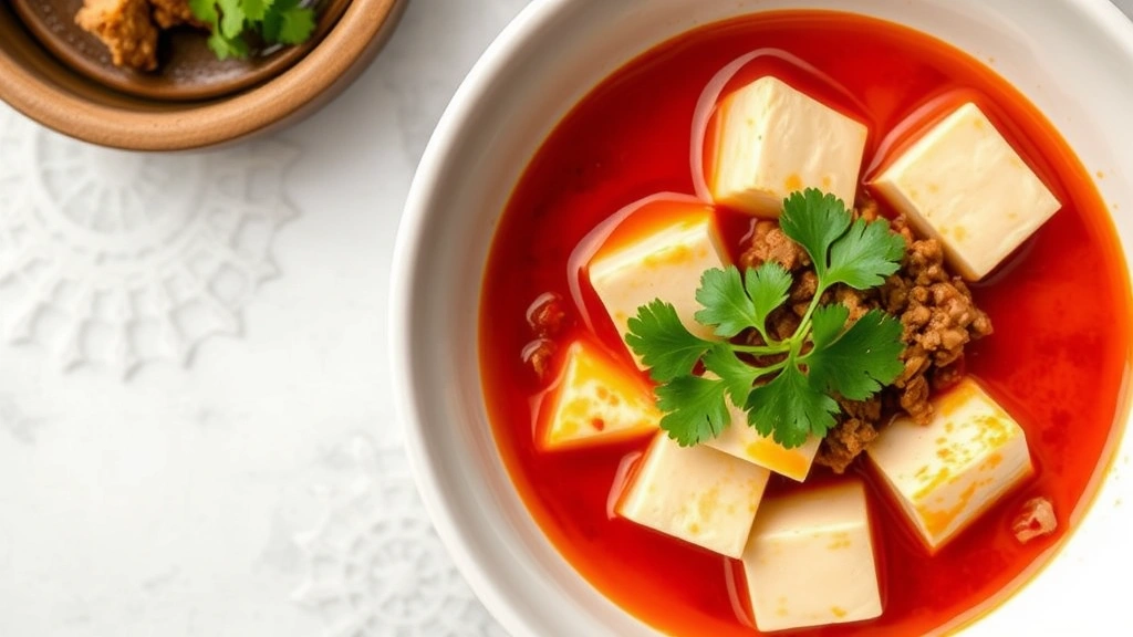 Silken tofu cubes in vibrant crimson mapo tofu sauce with ground pork and Sichuan peppercorns, photographed from above in traditional white porcelain bowl, oil sheen visible on surface, garnished with fresh cilantro