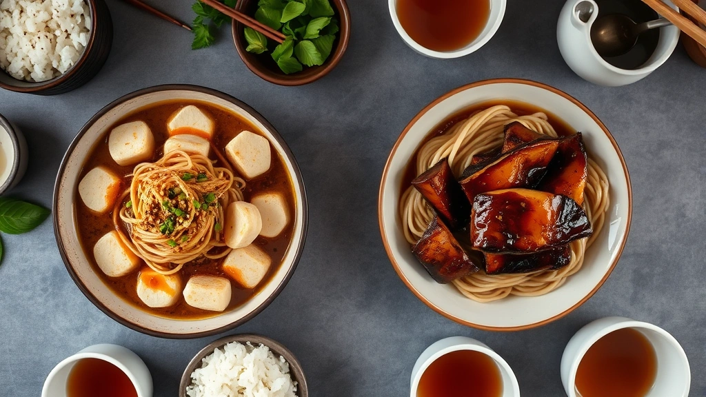 Complete table spread overhead showing mapo tofu, hand-pulled dan dan noodles with sesame paste, braised pork belly with glossy sauce, white jasmine rice bowls, and oolong tea, natural warm lighting, steam visible