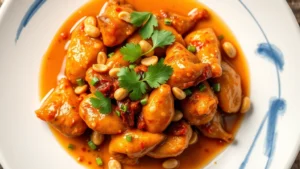 Overhead view of an artfully plated Sichuan peppercorn chicken dish with crispy golden skin, scattered roasted peanuts, fresh cilantro garnish, and glistening chili oil, served on a white ceramic plate with subtle blue brushstroke designs, professional restaurant lighting