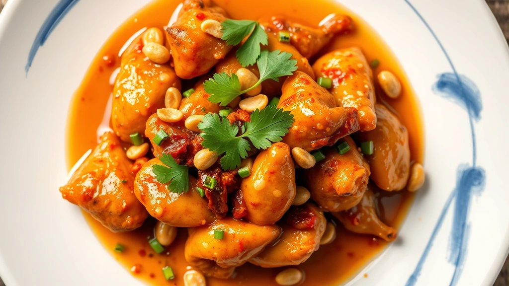 Overhead view of an artfully plated Sichuan peppercorn chicken dish with crispy golden skin, scattered roasted peanuts, fresh cilantro garnish, and glistening chili oil, served on a white ceramic plate with subtle blue brushstroke designs, professional restaurant lighting