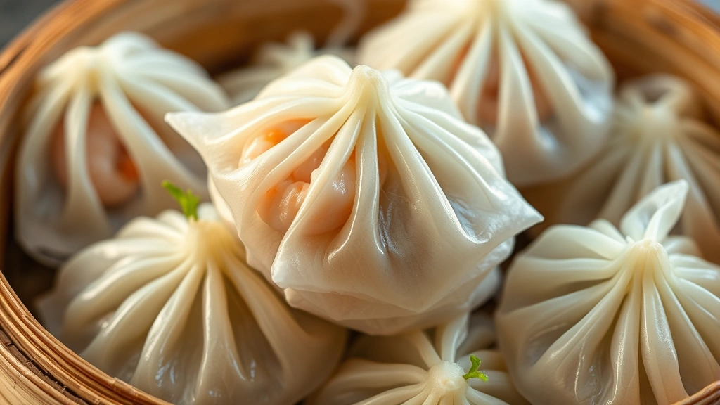 Close-up of translucent har gow dumplings stacked in a traditional bamboo steamer basket, with visible shrimp filling through the delicate wrapper, steam rising gently, fresh green vegetable garnish visible, soft warm lighting highlighting the wrapper's translucency