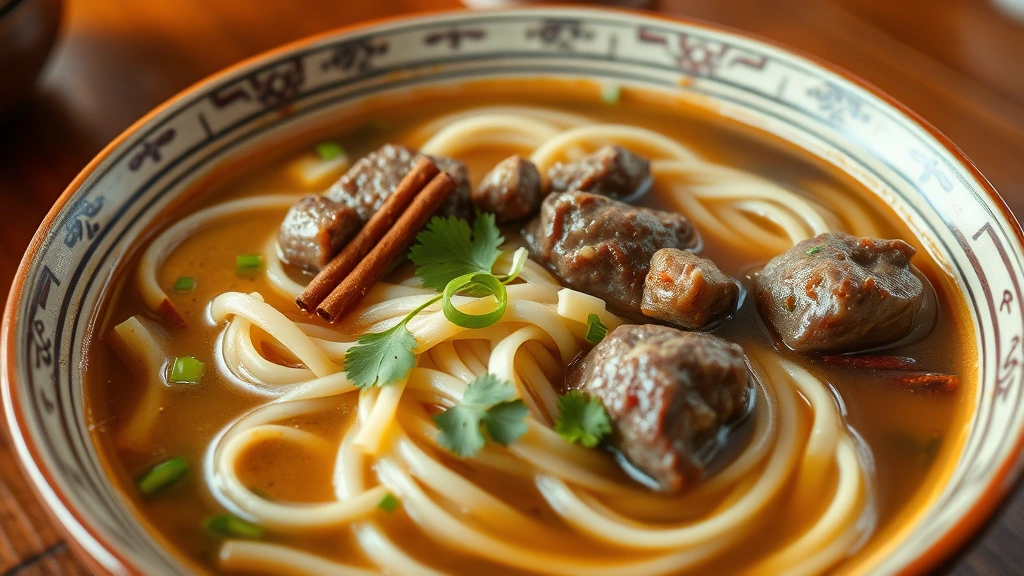 Steaming bowl of hand-pulled noodles in rich broth with tender lamb pieces, aromatic spices floating on surface, fresh cilantro and scallion garnish, traditional Chinese ceramic bowl with subtle patterns, warm amber lighting emphasizing the broth's depth and richness
