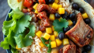 Close-up overhead shot of a freshly assembled Chipotle burrito bowl with carnitas, cilantro-lime rice, black beans, corn salsa, and fresh lettuce, vibrant colors and steam rising, natural lighting, photorealistic food photography