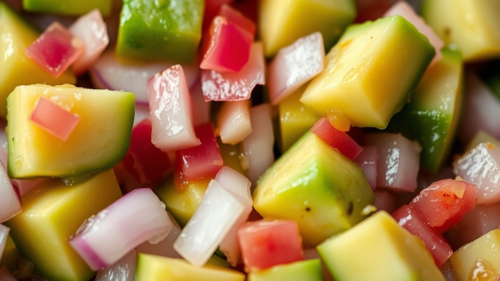 Detailed macro photograph of diced avocado and red onion in fresh salsa with lime juice, showing texture and moisture, bright natural light, culinary styling, high-quality food close-up