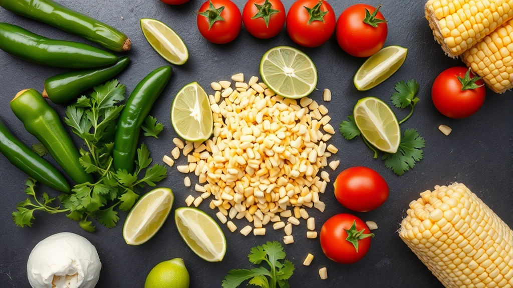 Flat lay composition of fresh Mexican ingredients including jalapeños, cilantro, lime wedges, tomatoes, and corn kernels arranged artfully on a dark surface, professional food photography styling, natural daylight