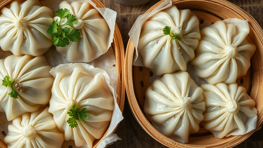 Overhead shot of steaming bamboo baskets containing har gow dumplings with translucent wrappers, garnished with fresh cilantro and sesame seeds, soft natural lighting emphasizing the delicate wrapper texture