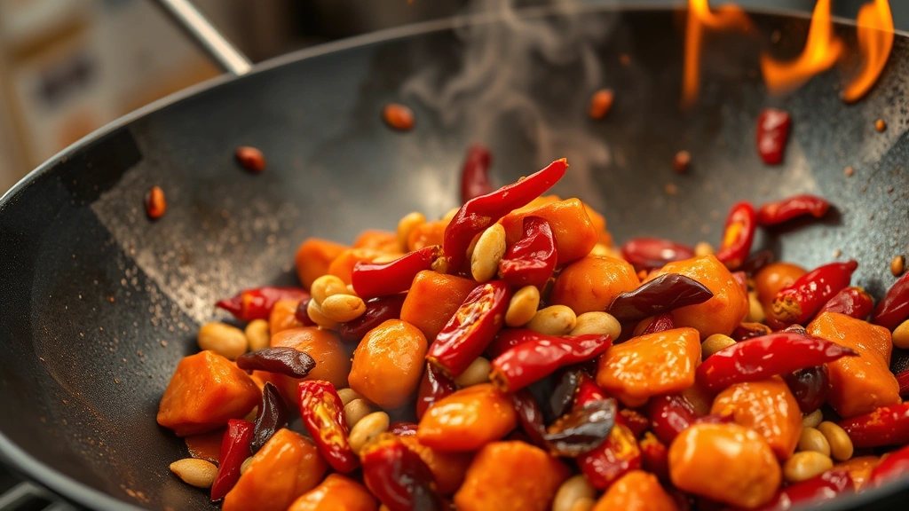 Close-up of wok cooking with vibrant red kung pao chicken, roasted peanuts, and dried chilies mid-toss, flames visible, capturing the intense heat and dynamic motion of professional wok technique