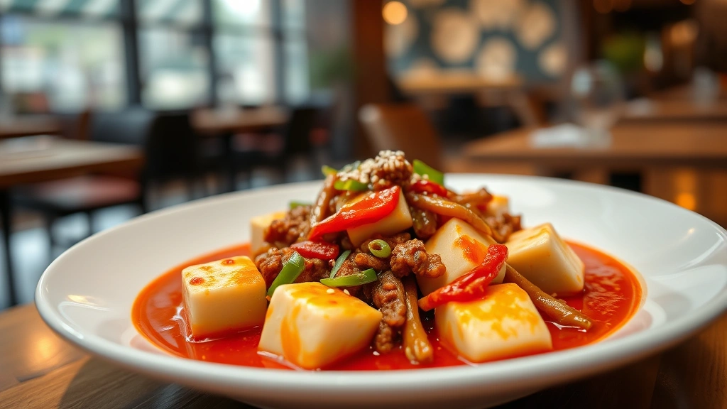 Elegantly plated mapo tofu with silken tofu cubes in rich red Sichuan sauce, ground pork threaded throughout, garnished with scallions and white sesame seeds, shallow depth of field with blurred restaurant ambiance background