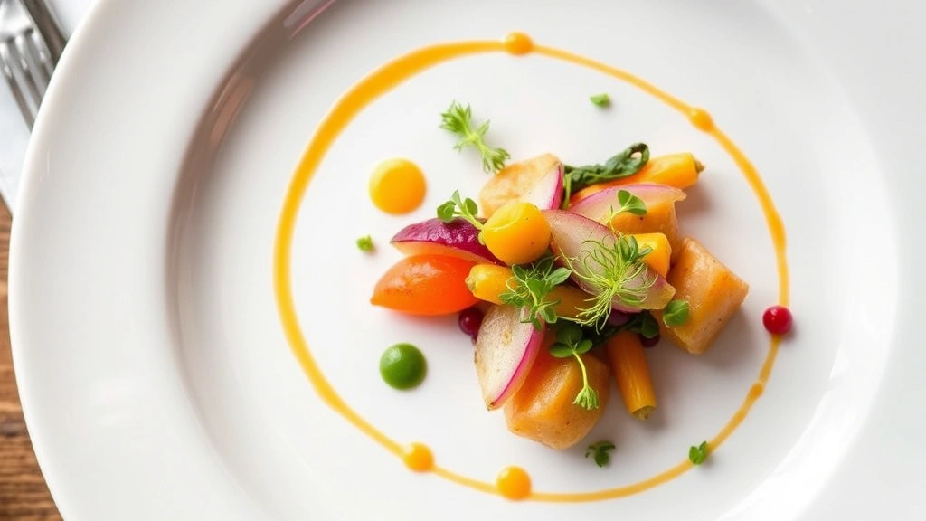 Overhead shot of an elegantly plated fine dining dish with colorful vegetables, microgreens, and artistic sauce swirls on a white ceramic plate in a upscale restaurant setting