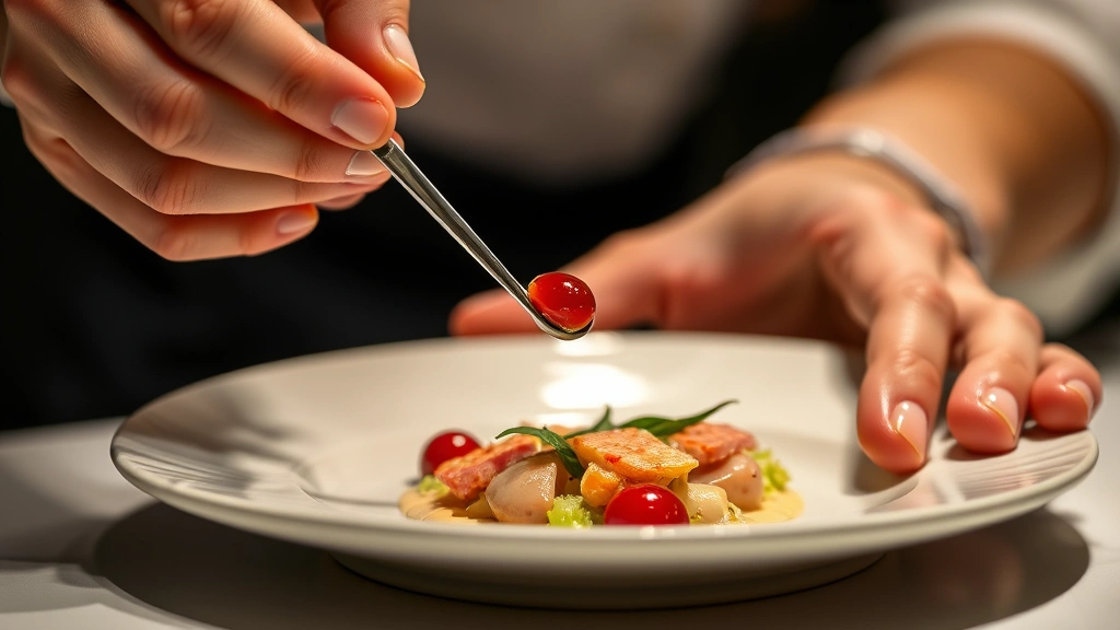 Close-up of a chef's hands carefully plating a sophisticated dish with precision tweezers and sauce bottle, showing professional kitchen technique and attention to detail