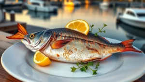Fresh grilled whole fish with crispy skin, lemon wedges, and herb garnish on white plate with harbor water view, professional food photography, golden hour lighting
