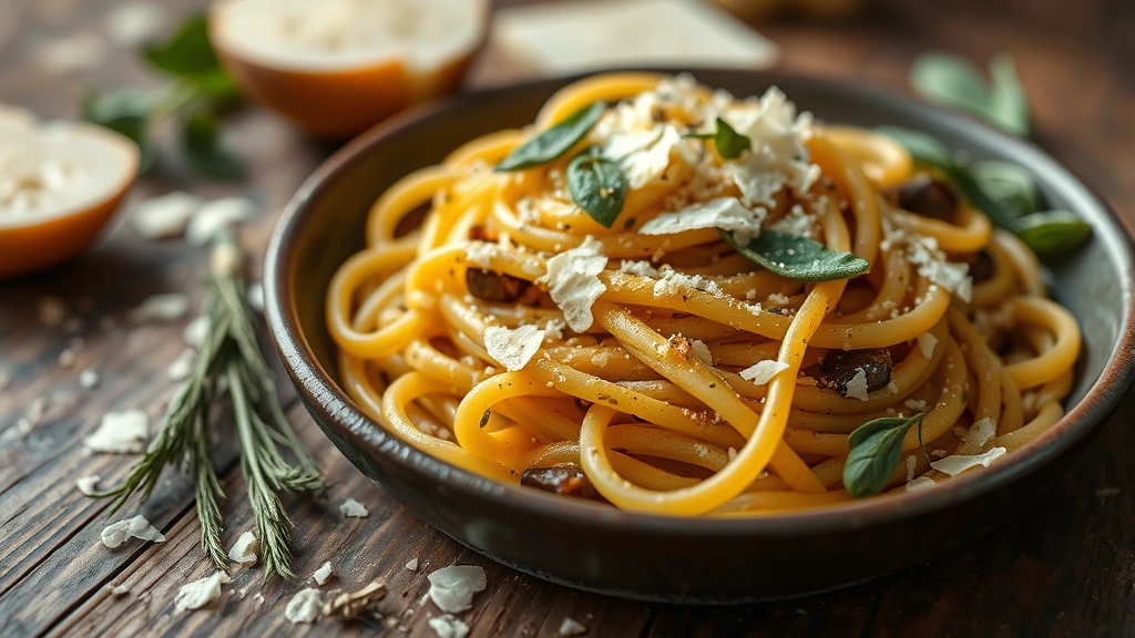 Handmade fresh pasta with rich brown butter sage sauce, parmesan shavings, and aromatic herbs, close-up macro photography, shallow depth of field, rustic wooden table