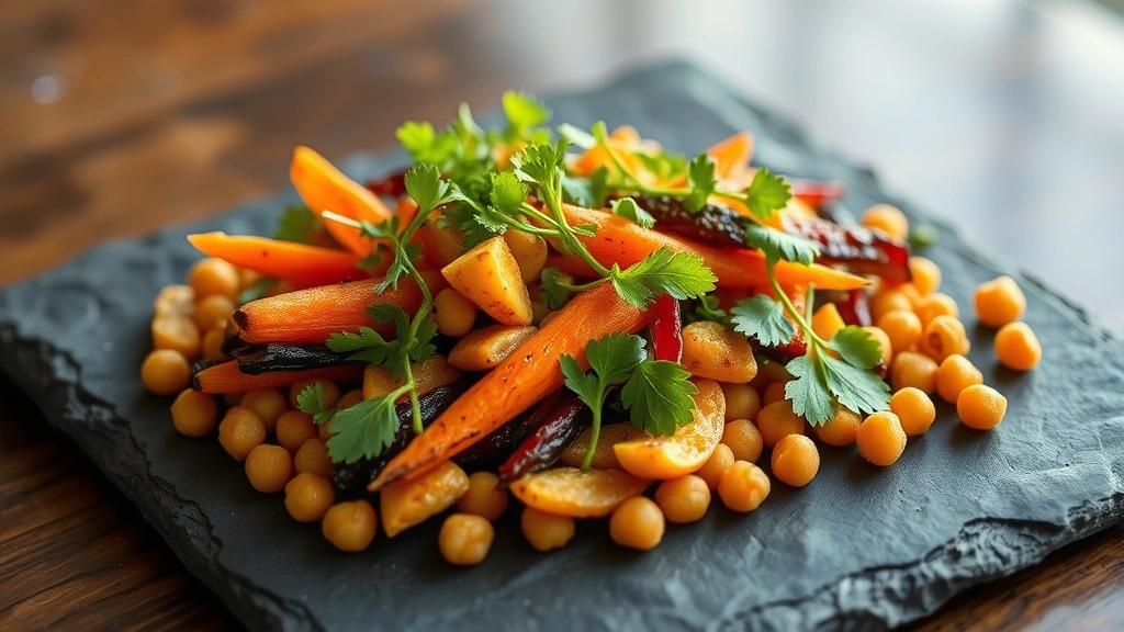 Colorful vegetable medley with charred roasted carrots, crispy chickpeas, and fresh herbs on slate plate, vibrant natural lighting, fine dining presentation