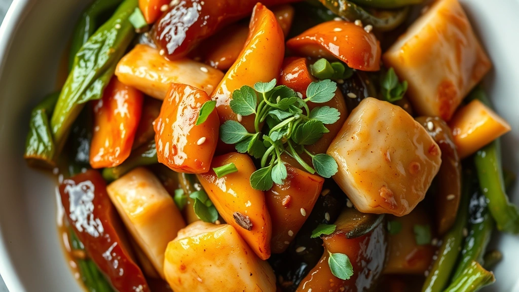 Close-up overhead view of a perfectly plated Asian fusion stir-fry with glistening vegetables, tender protein, and glossy sauce, steam rising from the wok-kissed components, garnished with fresh microgreens and sesame seeds on a white ceramic plate