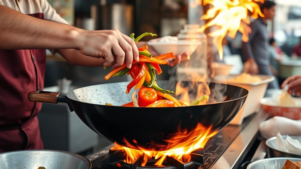 Street vendor's hands actively cooking over high-heat wok, showing dramatic flame, vegetables mid-toss, professional technique captured mid-motion, vibrant colors of bell peppers and proteins, urban kitchen environment in soft afternoon light