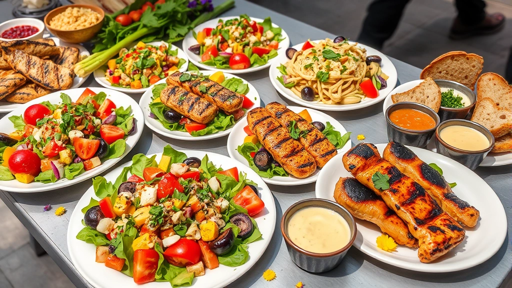Artfully arranged city walk food display showcasing multiple prepared dishes: fresh Mediterranean salads with colorful vegetables, charred proteins with herb garnishes, creamy sauces in small bowls, crusty bread, scattered edible flowers, natural daylight illumination