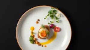 Overhead shot of artfully plated fine dining course with microgreens, gold leaf accents, and colorful vegetable garnishes on white ceramic plate against dark background