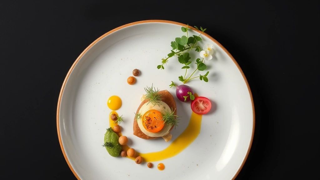 Overhead shot of artfully plated fine dining course with microgreens, gold leaf accents, and colorful vegetable garnishes on white ceramic plate against dark background