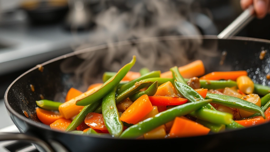 Close-up of sizzling stir-fry in wok with steam rising, vibrant vegetables including snap peas and carrots, glossy sauce coating ingredients, professional kitchen setting