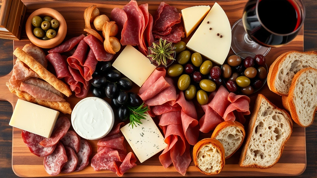 Overhead view of charcuterie and tapas spread featuring cured meats, aged cheeses, olives, grapes, and crusty bread on wooden board with wine glasses visible