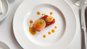 Overhead shot of an elegantly plated fine dining dish with microgreens, sauce dots, and pristine presentation on white porcelain plate in fine dining restaurant setting