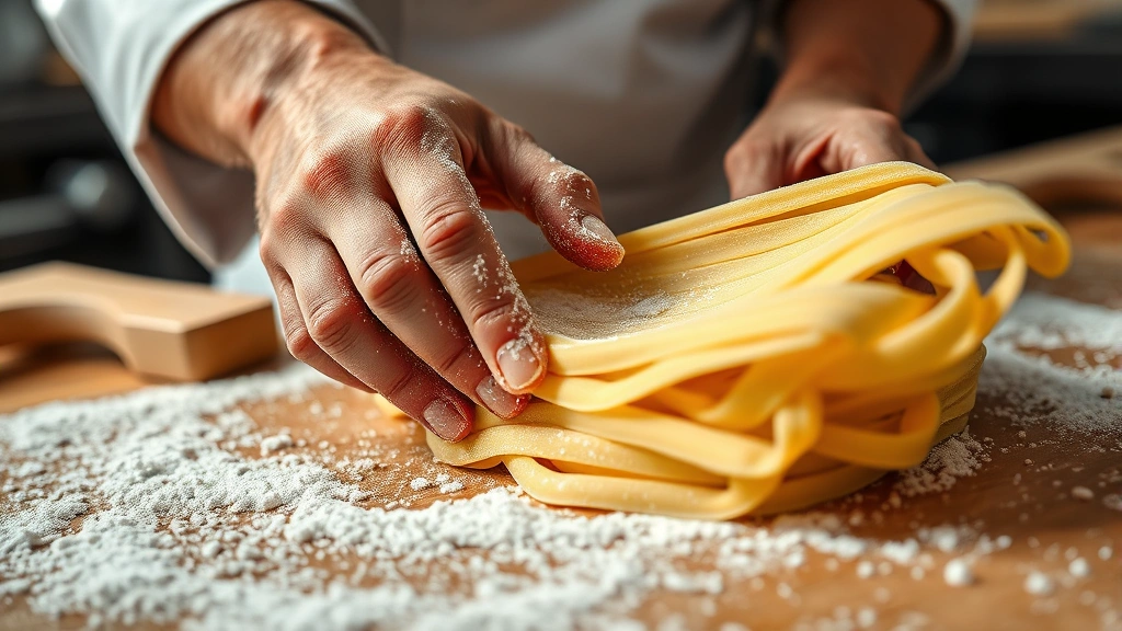 Close-up of a chef's hands carefully preparing fresh pasta sheets by hand, dusted with flour, showing traditional Italian pasta-making technique in restaurant kitchen