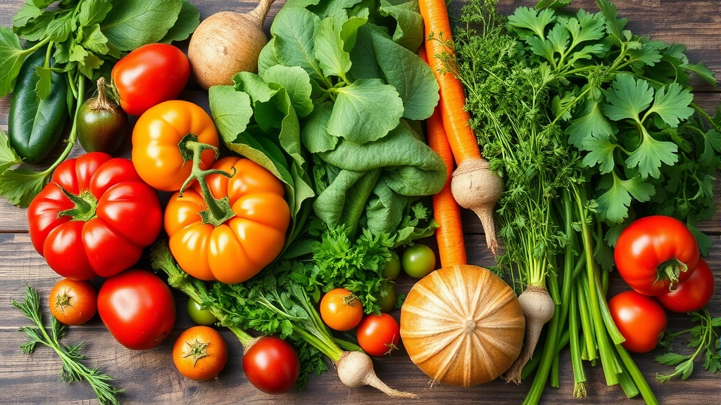 Vibrant flatlay of fresh seasonal vegetables including heirloom tomatoes, leafy greens, root vegetables, and fresh herbs arranged artfully on rustic wooden surface with natural lighting