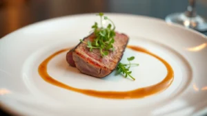 Elegant fine dining plate with perfectly seared duck breast, microgreens, and artistic sauce swirl on white ceramic, soft warm lighting, shallow depth of field, professional plating